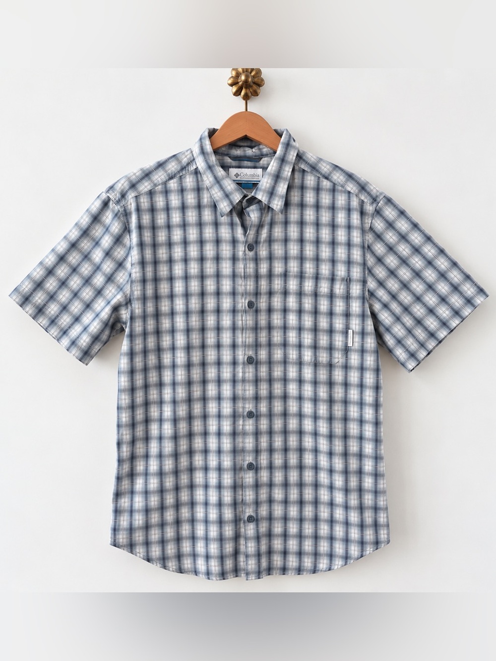 Columbia Men’s Blue Gray Plaid Short Sleeve Button Down Shirt